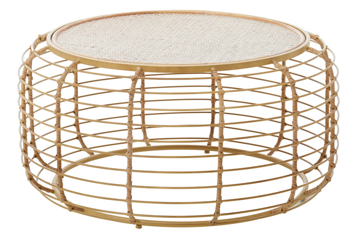 Natural Round Hand Woven Rattan Top Coffee Table with Gold Finish Cage Base, Trento