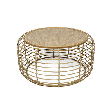 Natural Round Hand Woven Rattan Top Coffee Table with Gold Finish Cage Base, Trento