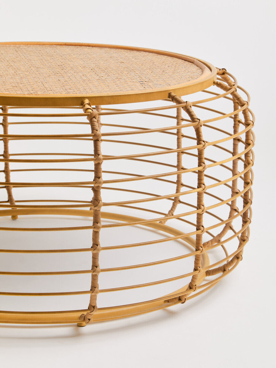 Natural Round Hand Woven Rattan Top Coffee Table with Gold Finish Cage Base, Trento