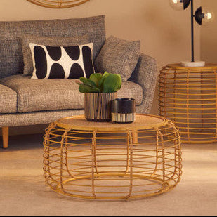 Natural Round Hand Woven Rattan Top Coffee Table with Gold Finish Cage Base, Trento