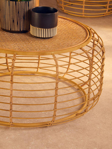 Natural Round Hand Woven Rattan Top Coffee Table with Gold Finish Cage Base, Trento