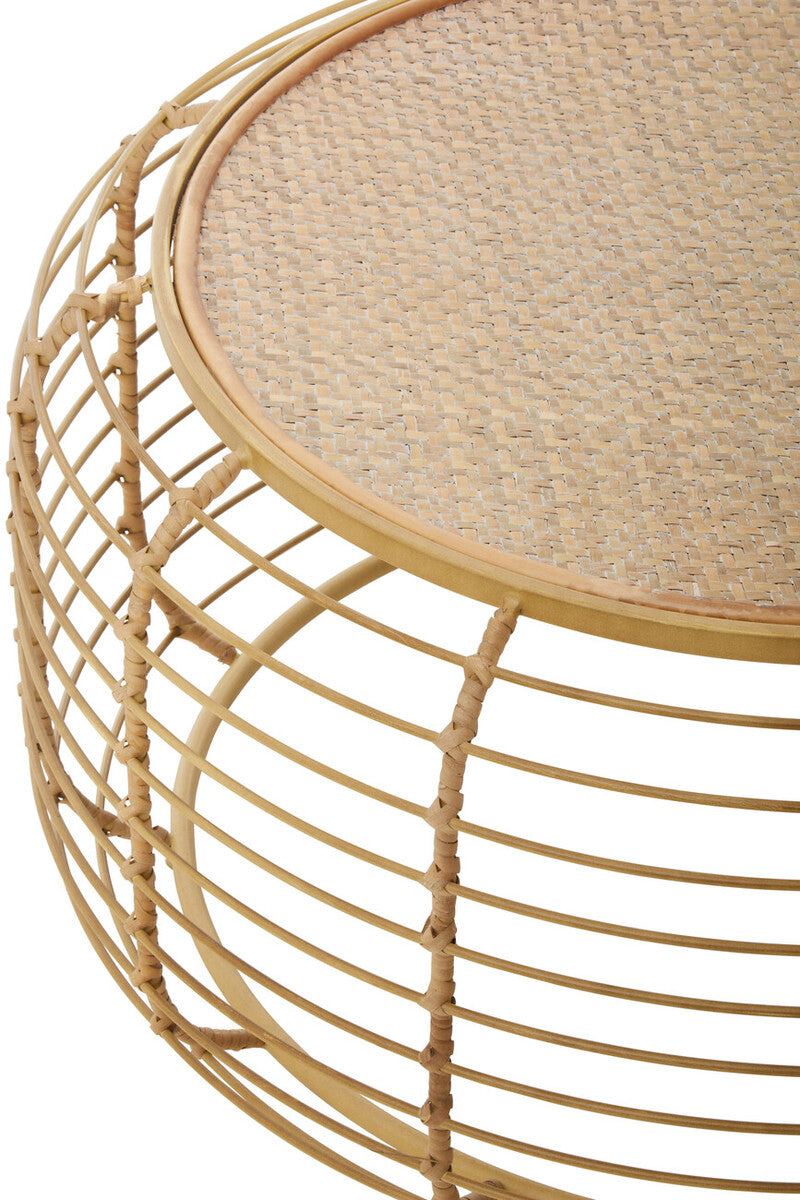 Natural Round Hand Woven Rattan Top Coffee Table with Gold Finish Cage Base, Trento
