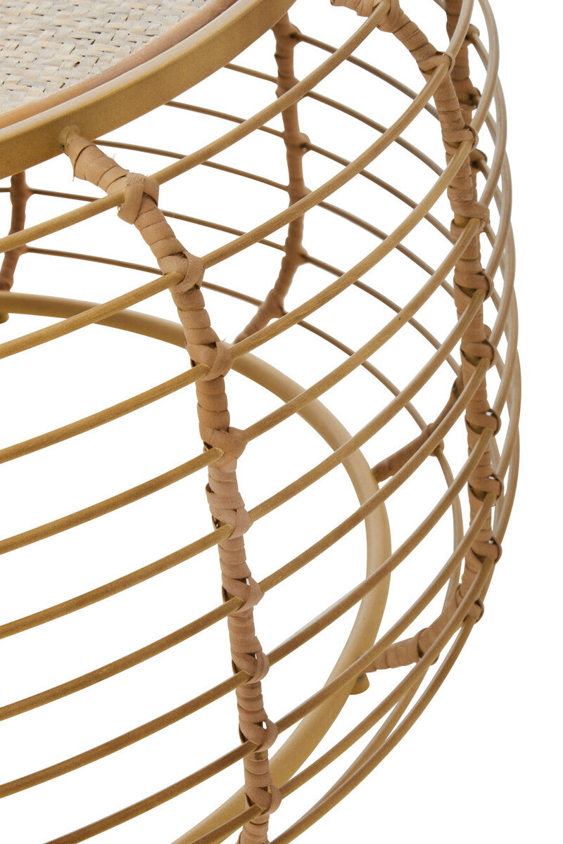 Natural Round Hand Woven Rattan Top Coffee Table with Gold Finish Cage Base, Trento