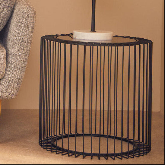 Tempered Glass Top Round Side Table with Black Wireframe Cage Design Base | Trento