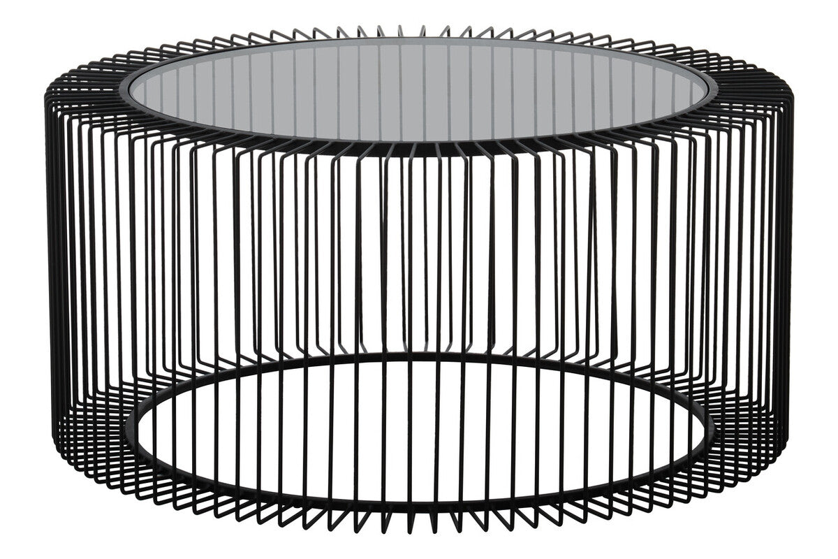 Tempered Glass Top Round Coffee Table with Black Wireframe Cage Design Base | Trento