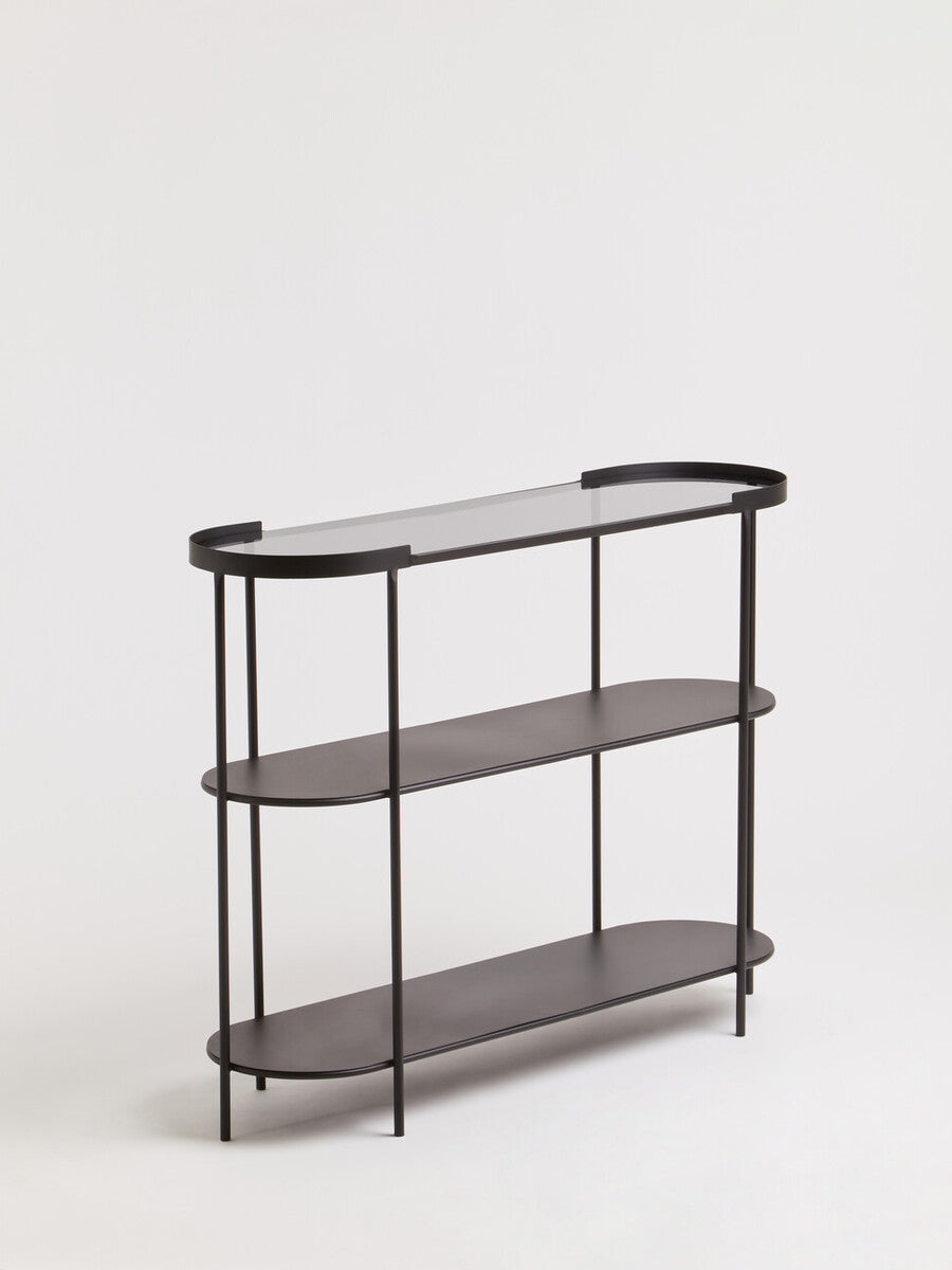 Grey Glass Top Console Table with Two-Tier Shelves and Black Metal Frame | Trento