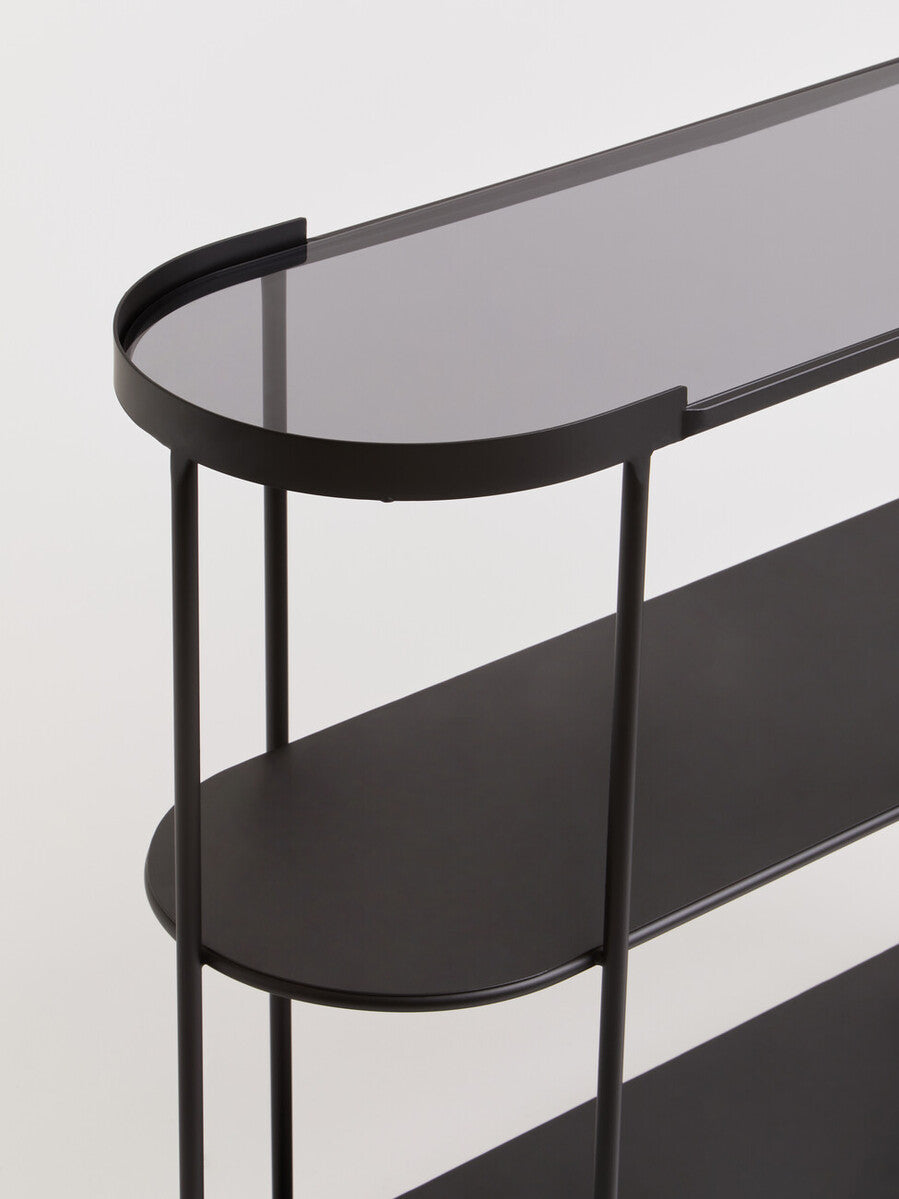 Grey Glass Top Console Table with Two-Tier Shelves and Black Metal Frame, Trento