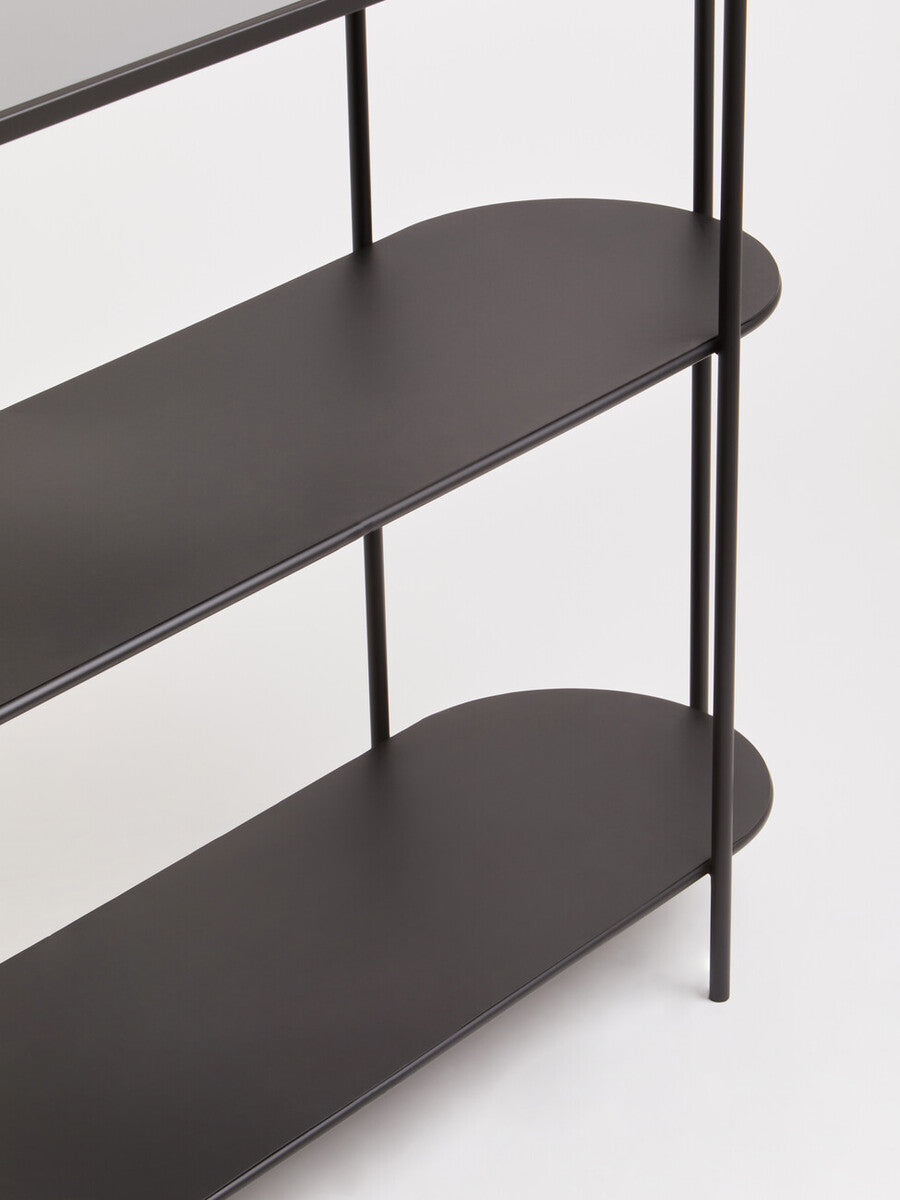 Grey Glass Top Console Table with Two-Tier Shelves and Black Metal Frame | Trento