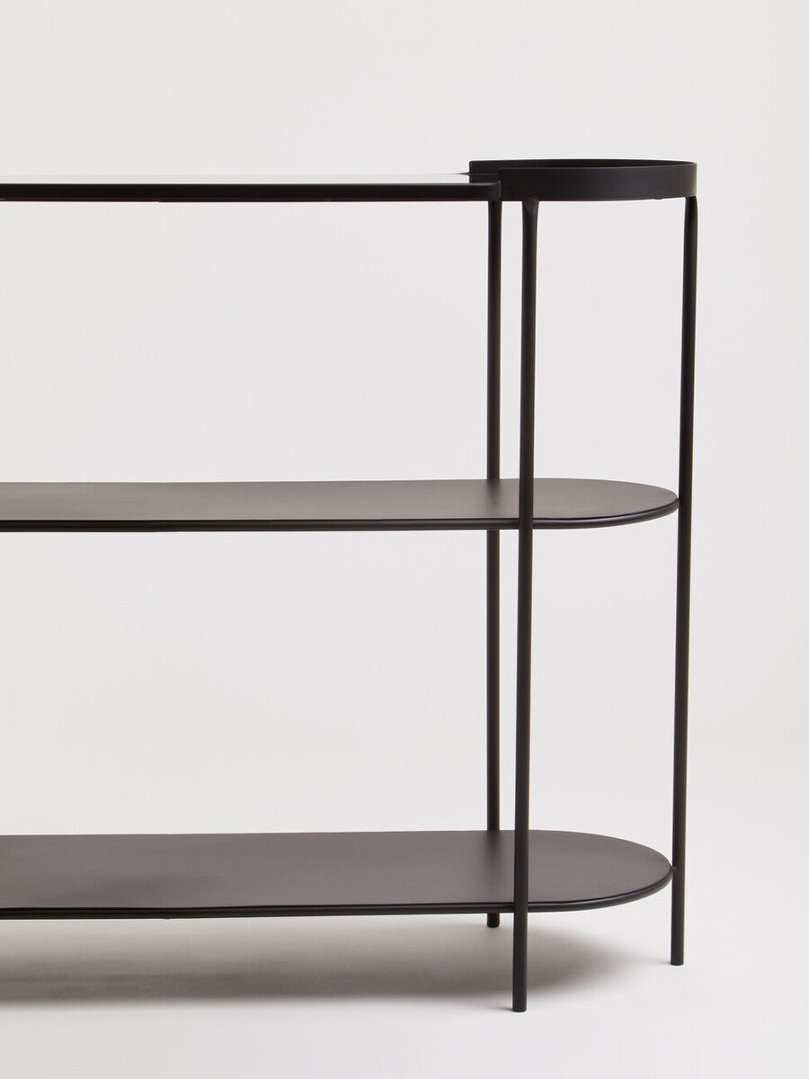 Grey Glass Top Console Table with Two-Tier Shelves and Black Metal Frame, Trento