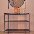 Grey Glass Top Console Table with Two-Tier Shelves and Black Metal Frame | Trento