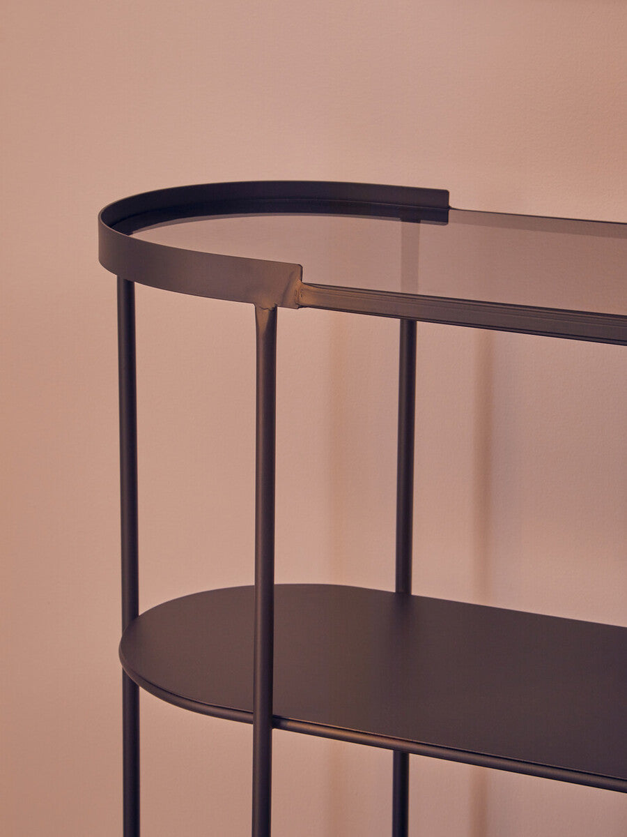 Grey Glass Top Console Table with Two-Tier Shelves and Black Metal Frame | Trento