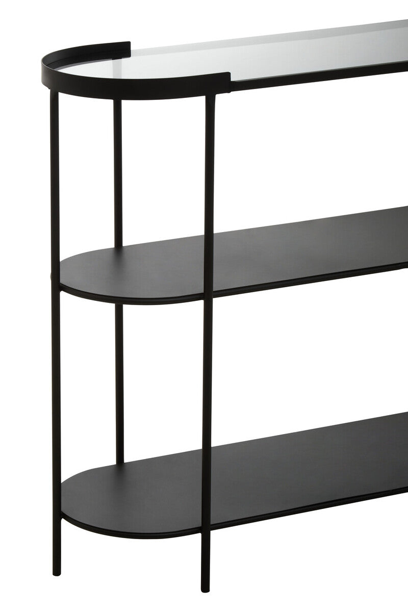 Grey Glass Top Console Table with Two-Tier Shelves and Black Metal Frame, Trento