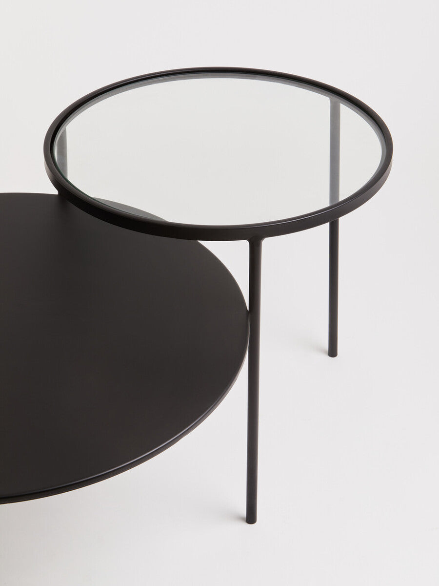 Clear Glass Top and Black Metal Lower Top Coffee Table with Black Iron Frame, Trento