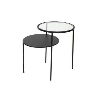 Clear Glass Top and Black Metal Lower Top End Table with Black Iron Frame, Trento