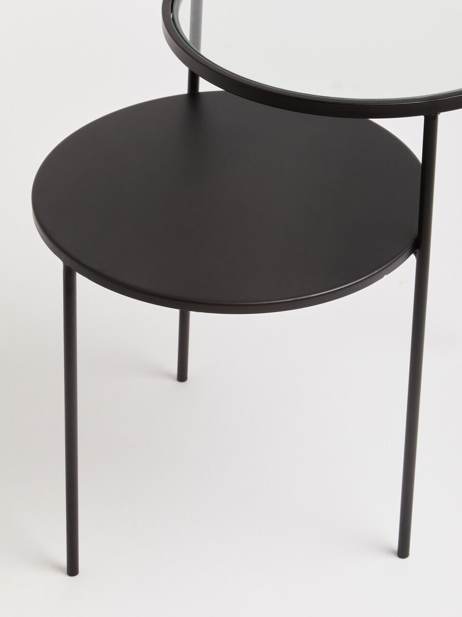 Clear Glass Top and Black Metal Lower Top End Table with Black Iron Frame, Trento