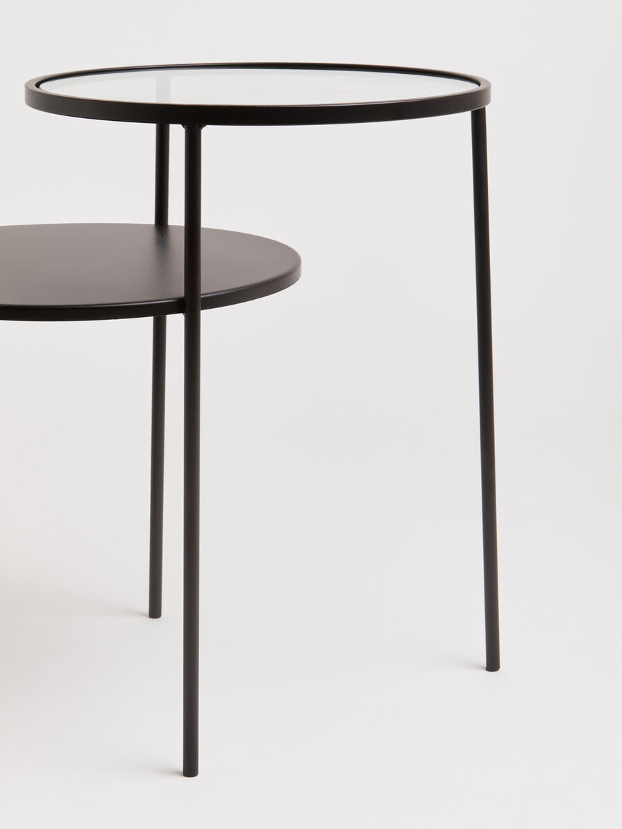 Clear Glass Top and Black Metal Lower Top End Table with Black Iron Frame, Trento