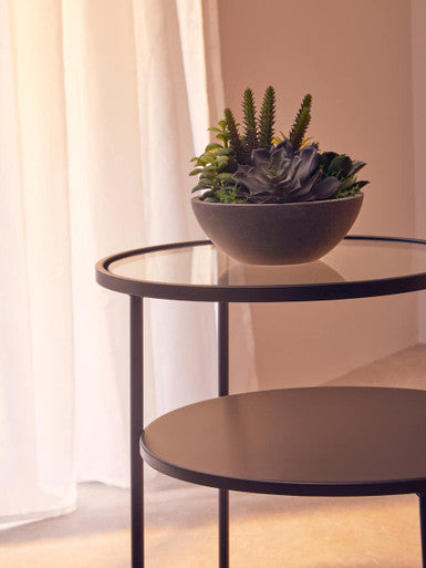 Clear Glass Top and Black Metal Lower Top End Table with Black Iron Frame, Trento