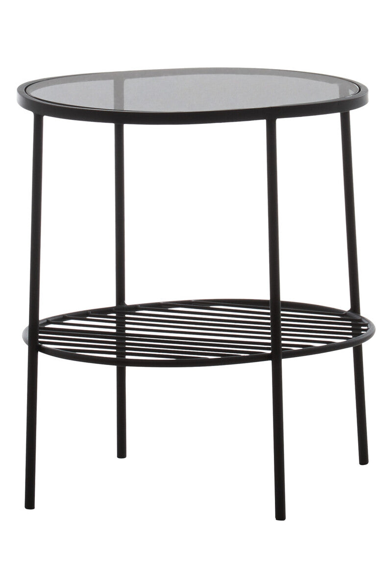 Grey Tempered Glass Side Table with Lower Metal Tier and Black Iron Frame, Trento