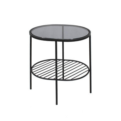 Grey Tempered Glass Side Table with Lower Metal Tier and Black Iron Frame, Trento