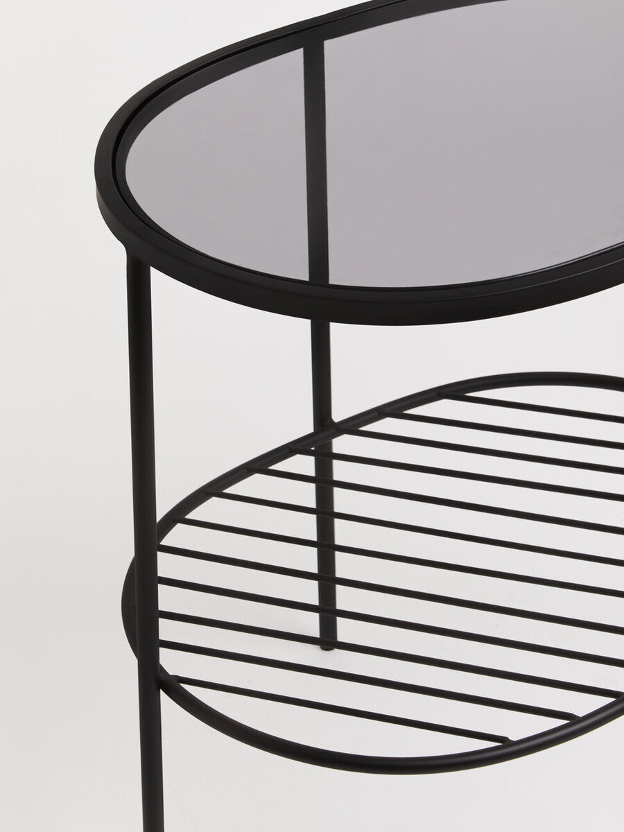 Grey Tempered Glass Side Table with Lower Metal Tier and Black Iron Frame, Trento