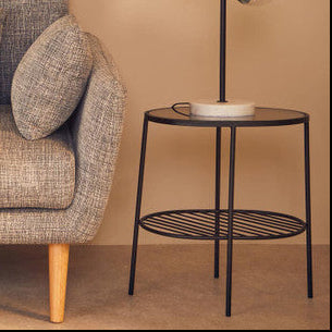 Grey Tempered Glass Side Table with Lower Metal Tier and Black Iron Frame, Trento