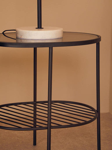 Grey Tempered Glass Side Table with Lower Metal Tier and Black Iron Frame, Trento