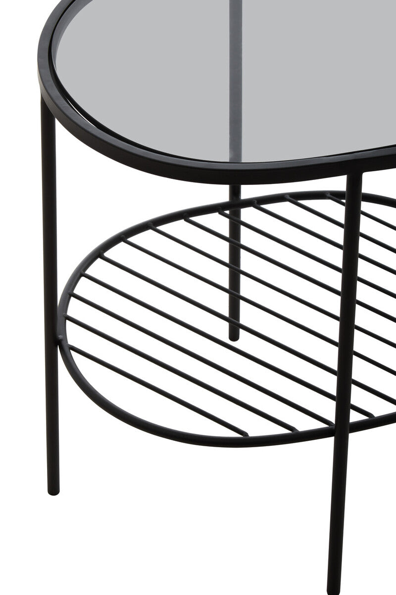 Grey Tempered Glass Side Table with Lower Metal Tier and Black Iron Frame, Trento