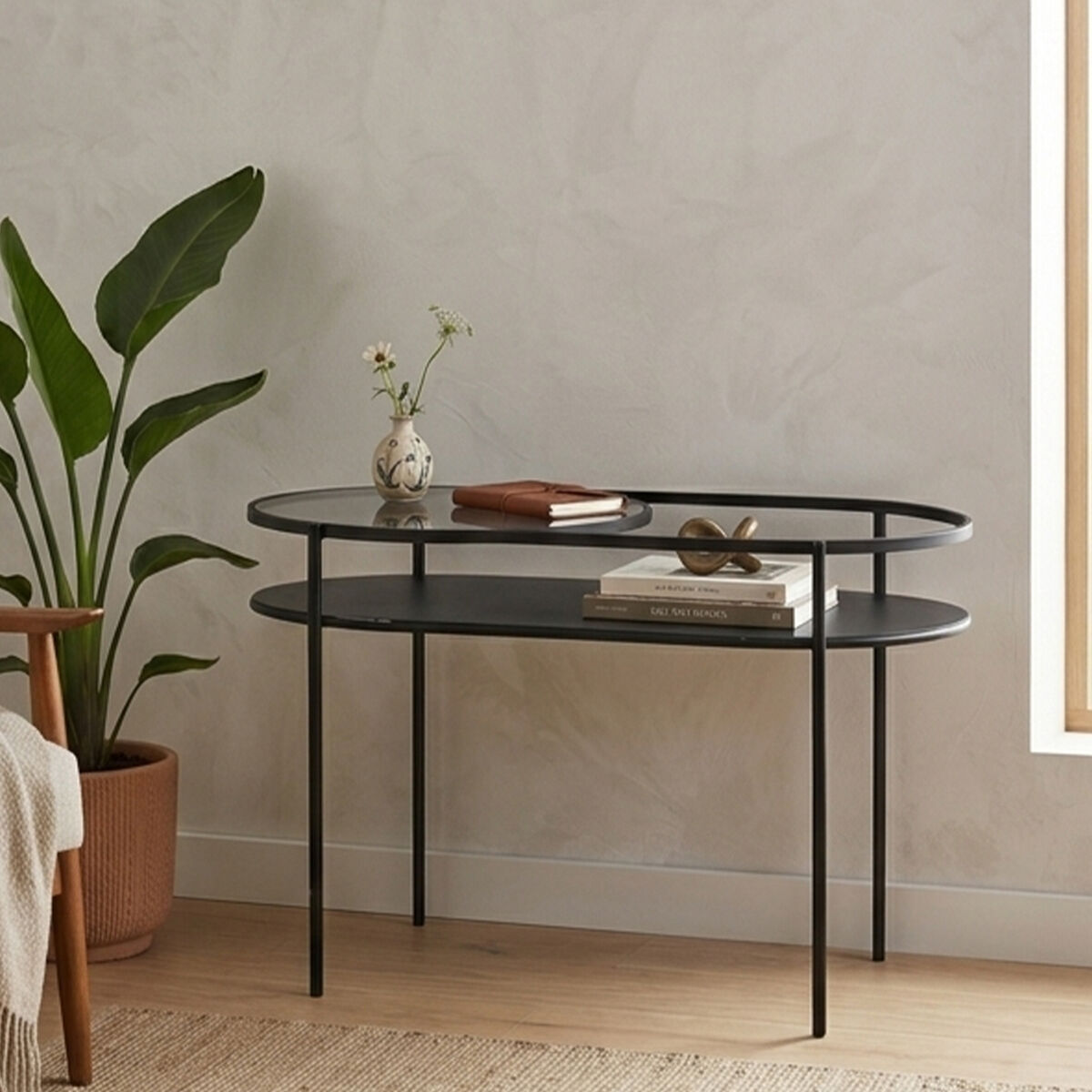 Two Tier Tempered Glass Top Table in Black Finish, Trento