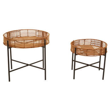 Set of 2 Natural Rattan Top Side Tables with Cross Black Metal Frame, Batu