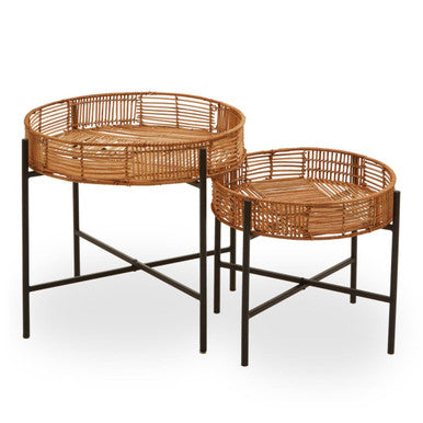 Set of 2 Natural Rattan Top Side Tables with Cross Black Metal Frame, Batu