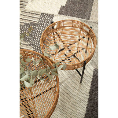 Set of 2 Natural Rattan Top Side Tables with Cross Black Metal Frame, Batu