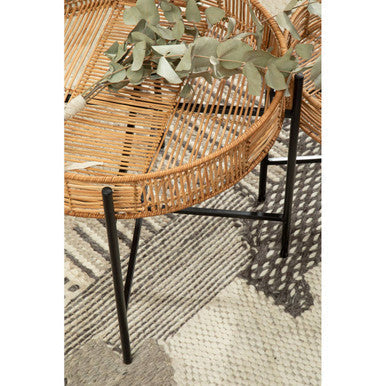 Set of 2 Natural Rattan Top Side Tables with Cross Black Metal Frame, Batu