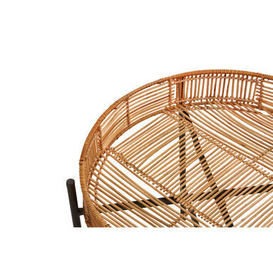 Set of 2 Natural Rattan Top Side Tables with Cross Black Metal Frame, Batu