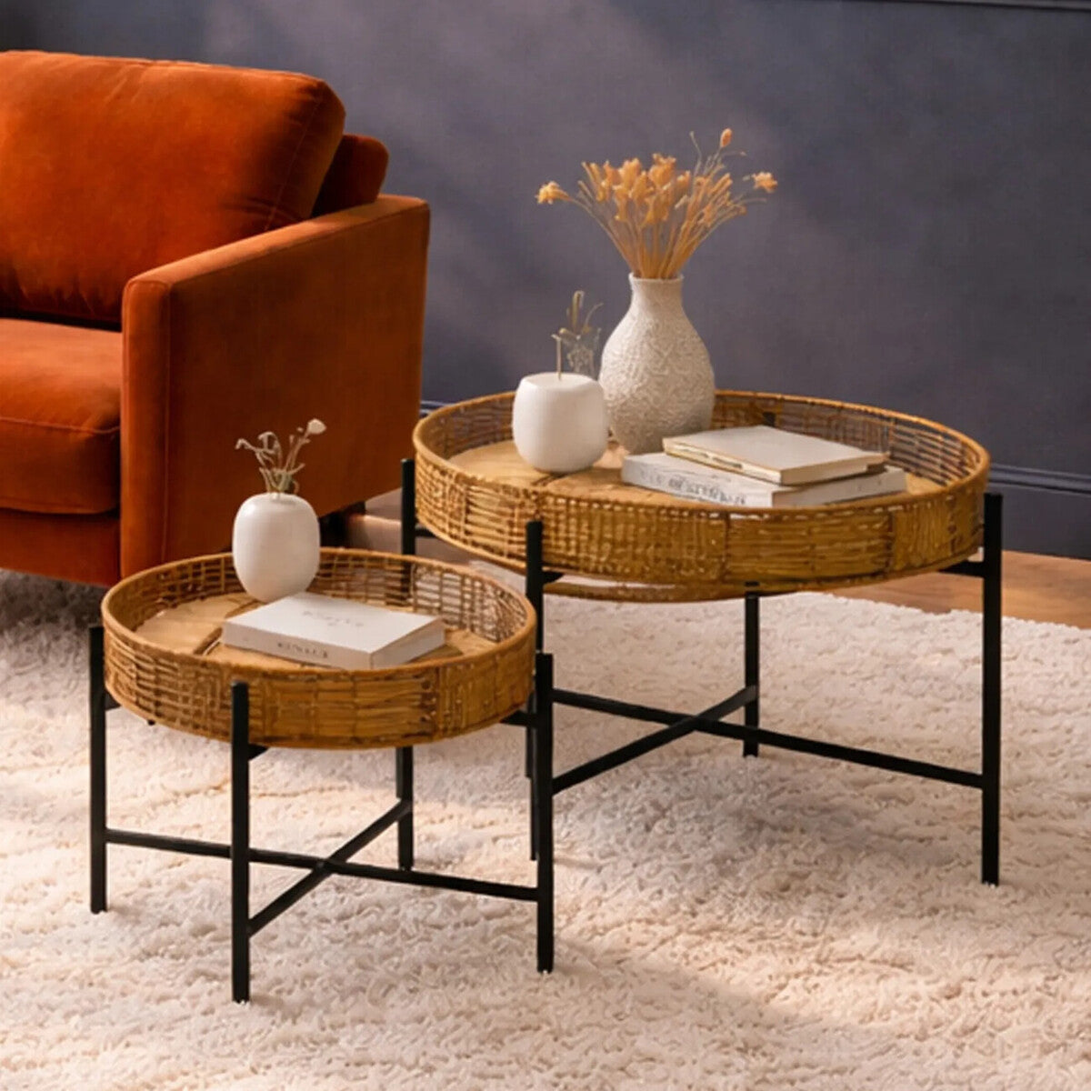 Set of 2 Natural Rattan Top Side Tables with Cross Black Metal Frame, Batu