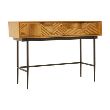 Natural Carved Wooden Effect Console Table with 2 Storage Drawer, Jakara