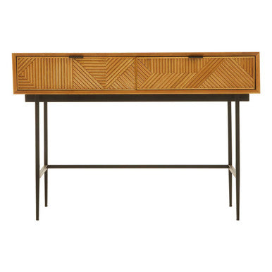 Natural Carved Wooden Effect Console Table with 2 Storage Drawer, Jakara