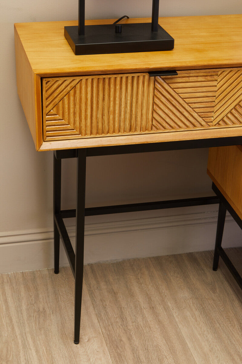 Natural Carved Wooden Effect Console Table with 2 Storage Drawer, Jakara