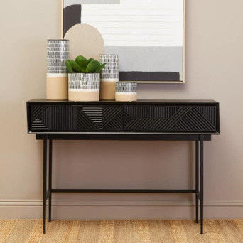 Silver and Black Carved Wooden Effect Console Table with 2 Storage Drawer, Jakara