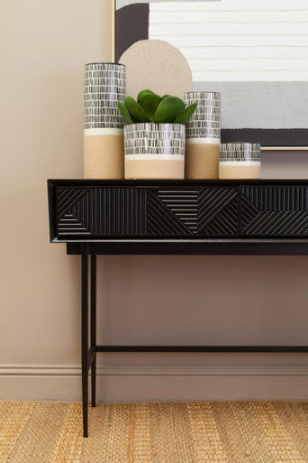 Silver and Black Carved Wooden Effect Console Table with 2 Storage Drawer, Jakara