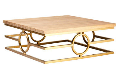 Natural Oak Wood Rectangular Coffee Table with Gold Finish, Jarloi