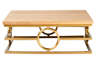 Natural Oak Wood Rectangular Coffee Table with Gold Finish, Jarloi