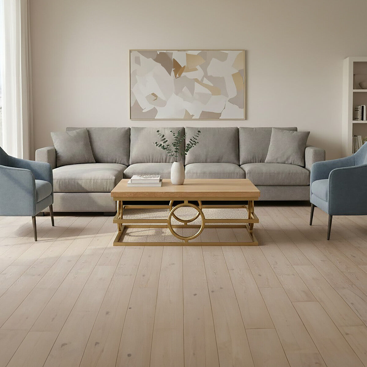 Natural Oak Wood Rectangular Coffee Table with Gold Finish, Jarloi