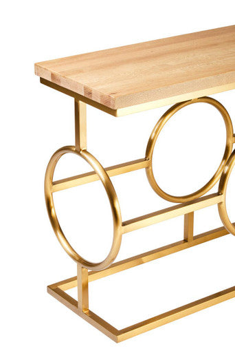 Natural Oak Wood Rectangular Console Table with Gold Finish, Jarloi
