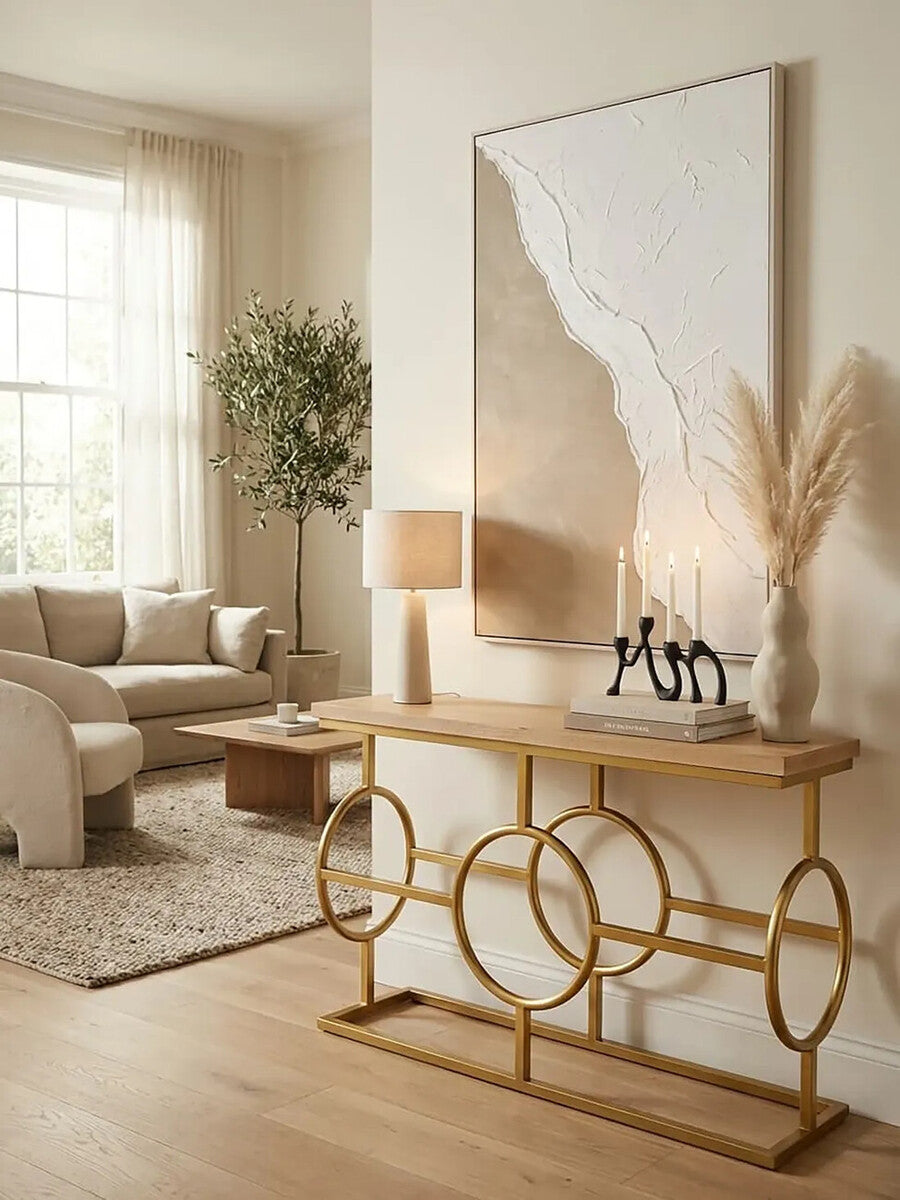 Natural Oak Wood Rectangular Console Table with Gold Finish, Jarloi