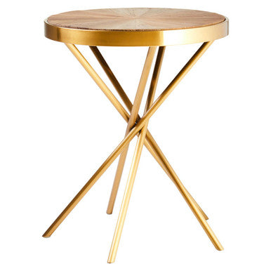 Natural Fir Wood Round Side Table with Gold Finish Frame, Jana