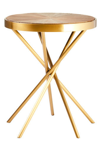 Natural Fir Wood Round Side Table with Gold Finish Frame, Jana