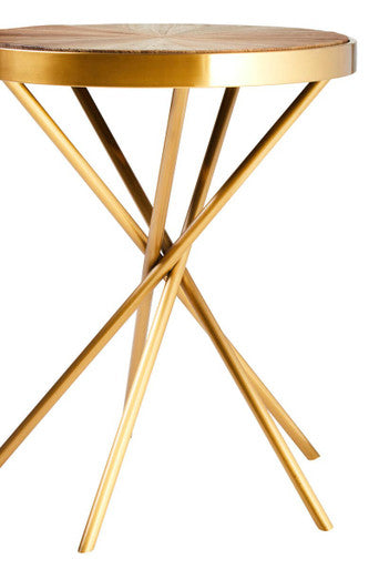 Natural Fir Wood Round Side Table with Gold Finish Frame, Jana