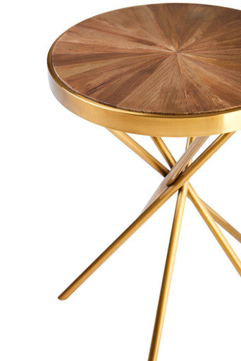 Natural Fir Wood Round Side Table with Gold Finish Frame, Jana