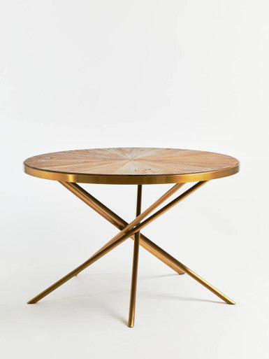 Gold Aged Fir Wood Rustic Top Dining Table with Stainless Steel Tied Base, Jana