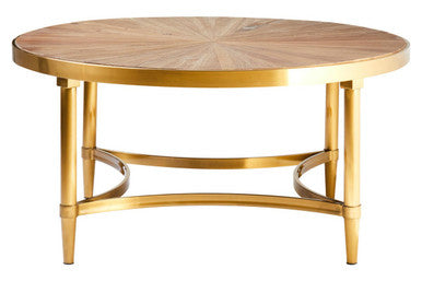 Gold Aged Fir Wood Rustic Top Coffee Table with Stainless Steel Curved Base, Jana